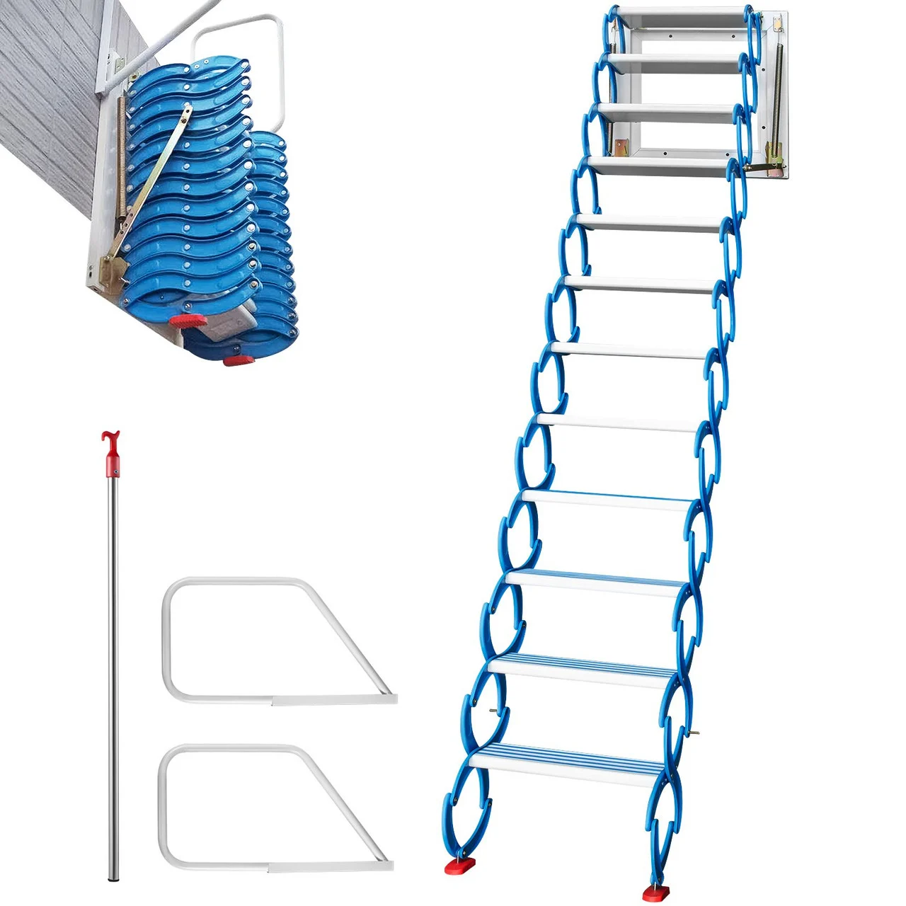 Attic Steps Pull Down 12 Steps Attic Stairs, Alloy Attic Access Ladder, Blue Pulldown Attic Stairs, Wall-mounted Folding Stairs for Attic, Retractable Attic Ladder with Armrests, 9.8 feet Height