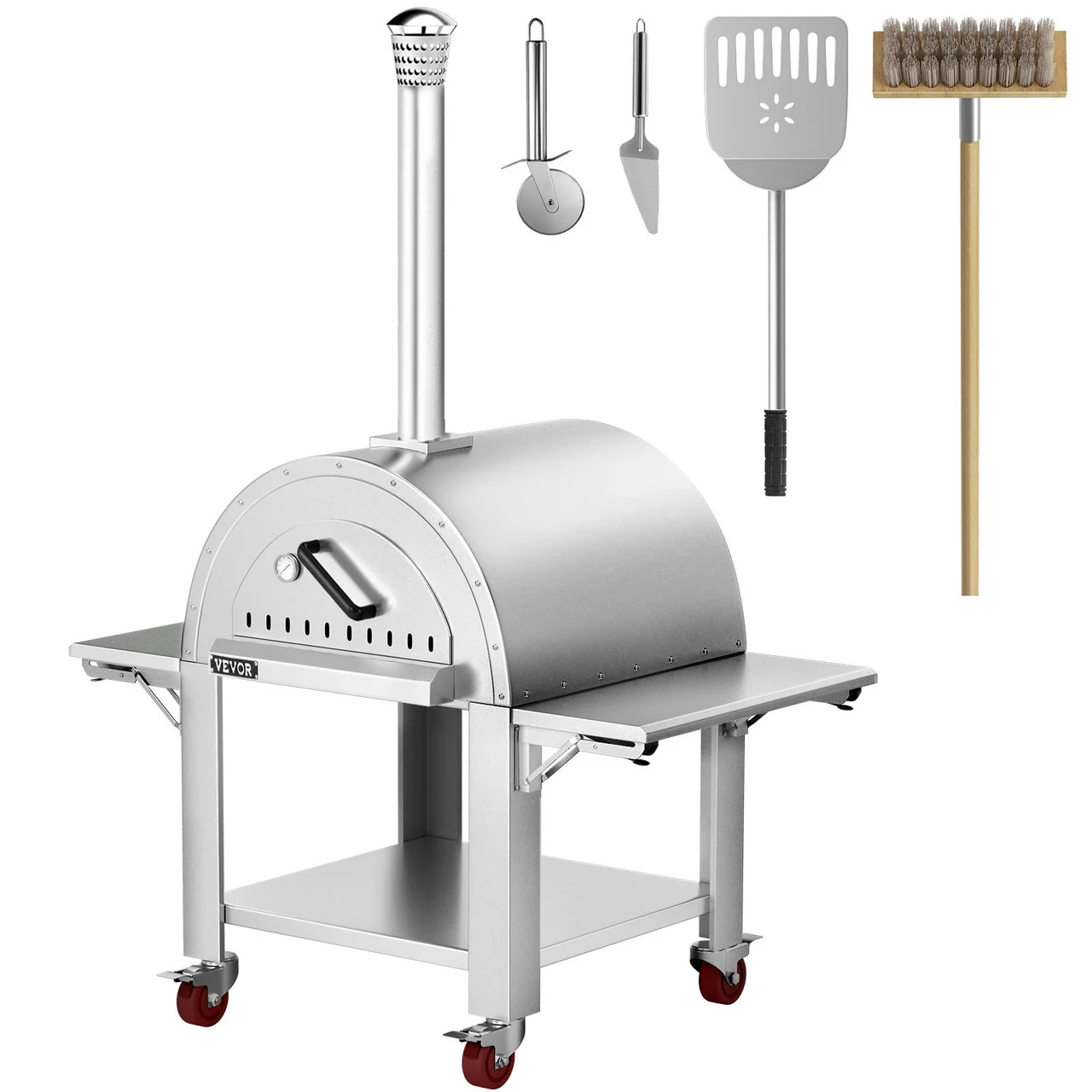 46" Wood Fired Artisan Pizza Oven, 3-Layer Stainless Steel Pizza Maker with Wheels for Outside Kitchen, Includes Pizza Stone, Pizza Peel, and Brush, Professional Series,Outdoor or Indoor.