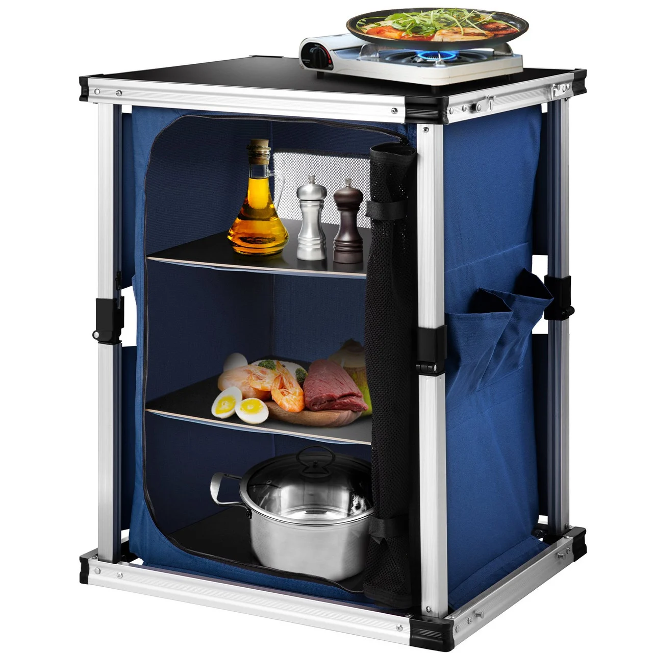 Camping Kitchen Table, Pop-up Aluminum Portable Folding Cook Station w/ 3-Tier Storage Organizer, Side Pocket & Carrying Bag, Quick Installation for Outdoor BBQ Party Backyard & Tailgating, Blue