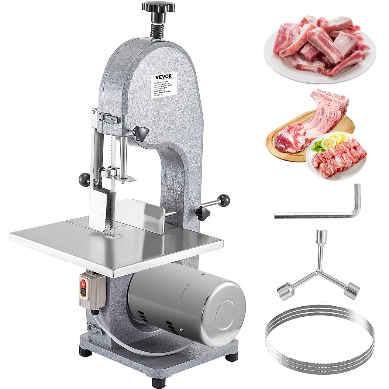 110V Bone Saw Machine, 850W Frozen Meat Cutter, 1.12HP Butcher Bandsaw, Thickness Range 4-180mm, Max Cutting Height 200mm,Workbeach 14.5x15inch, Work Speed 15m/s, Equipped with 3 Sawing Blades