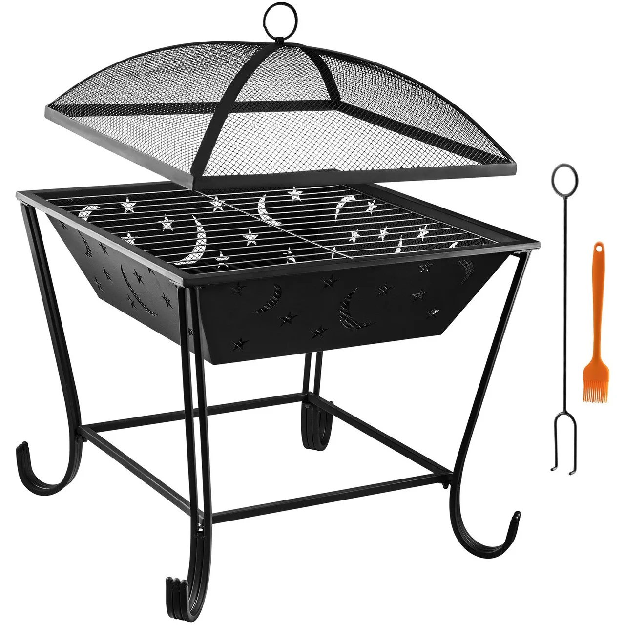 BBQ Grill Fire Bowl, 24"x24" Wood Burning Pit, Solid Steel Wood Fire Pits, Wood Fire Pits Outdoor w/ Spark Screen Cover, Fire Pits for Outside w/ Stainless Steel Baking Net for Baking & Warming