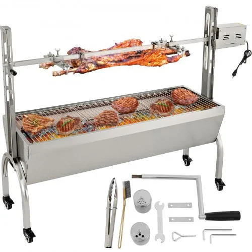 132 LBS Rotisserie Grill Roaster, 40W BBQ Small Pig Lamb Rotisserie Roaster, 50 Inch Stainless Steel Charcoal Spit Rotisserie Roaster Grill for Camping and Outdoor Barbecue
