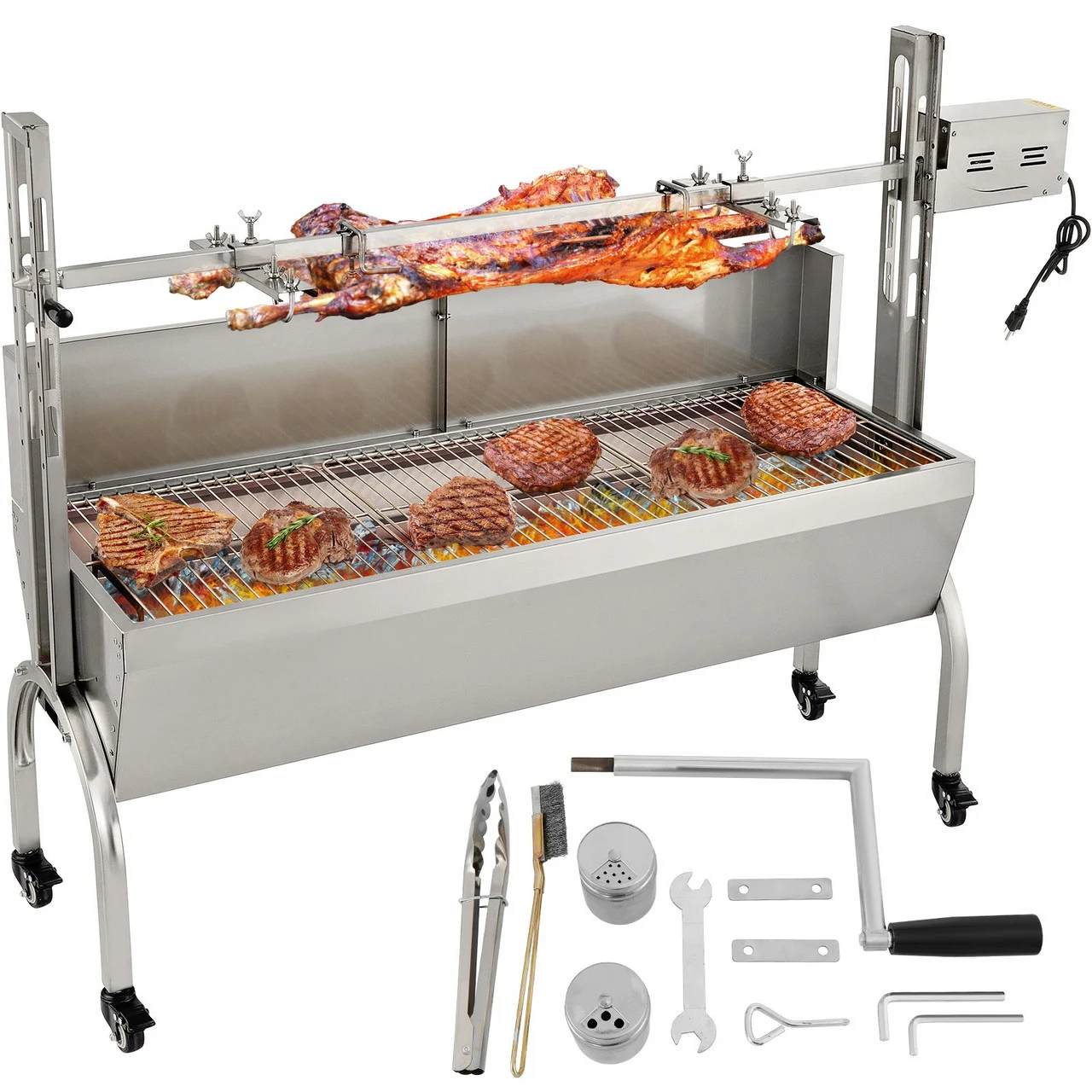 Rotisserie Grill 132lbs Capacity, 50 Inch Stainless Steel Pig Lamb Spit Grill Roaster, with 40W Motor & Adjustable Height Lockable Casters & Baffle for Outdoor Camping Party Campfire Barbecue