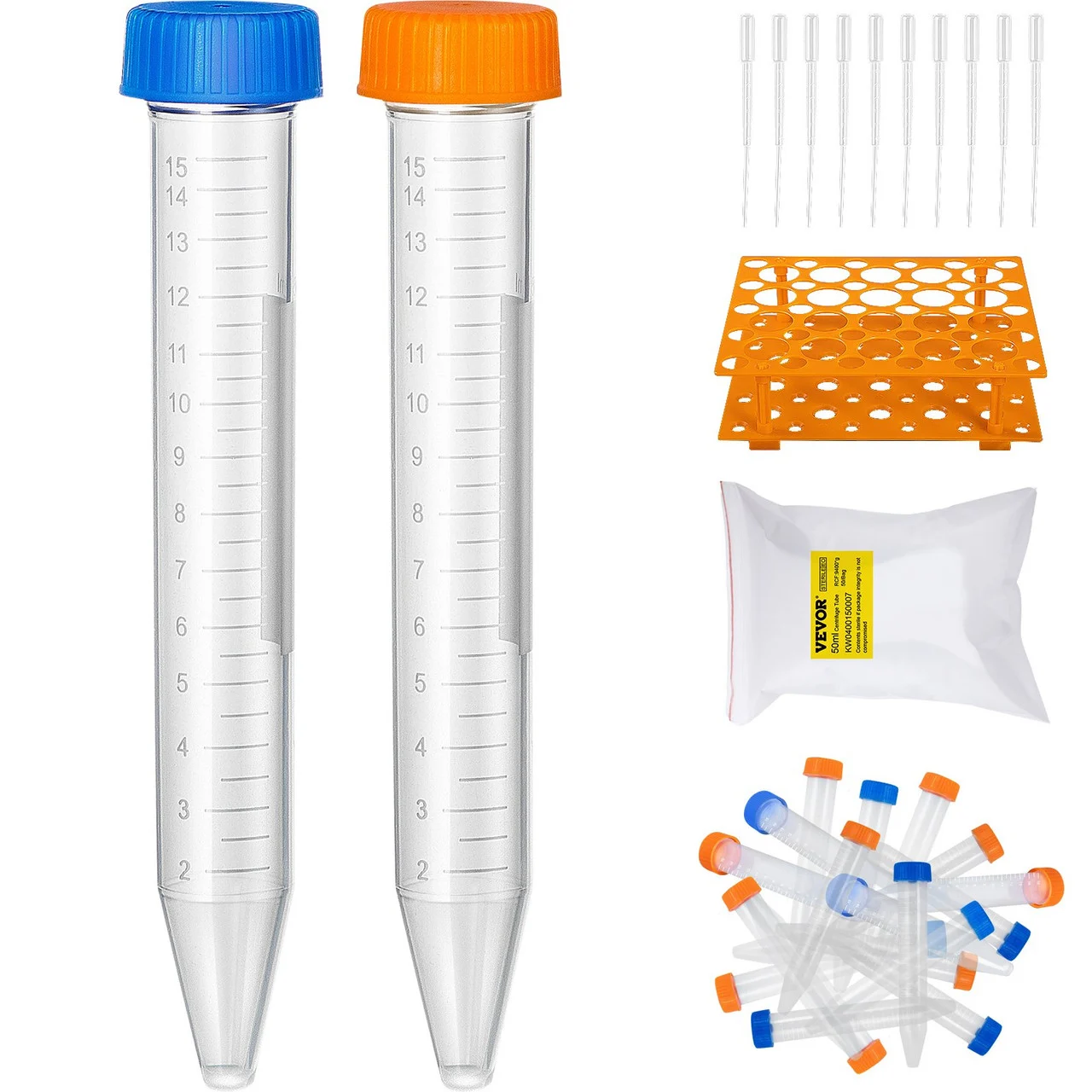 Conical Centrifuge Tubes, 15mL, 500Pcs PP Graduated Container w/ Leak-proof Screw Cap, Write Mark & Test Tube Rack, DN/RNase Free, for Lab Sample Storage & Separate, Blue & Orange