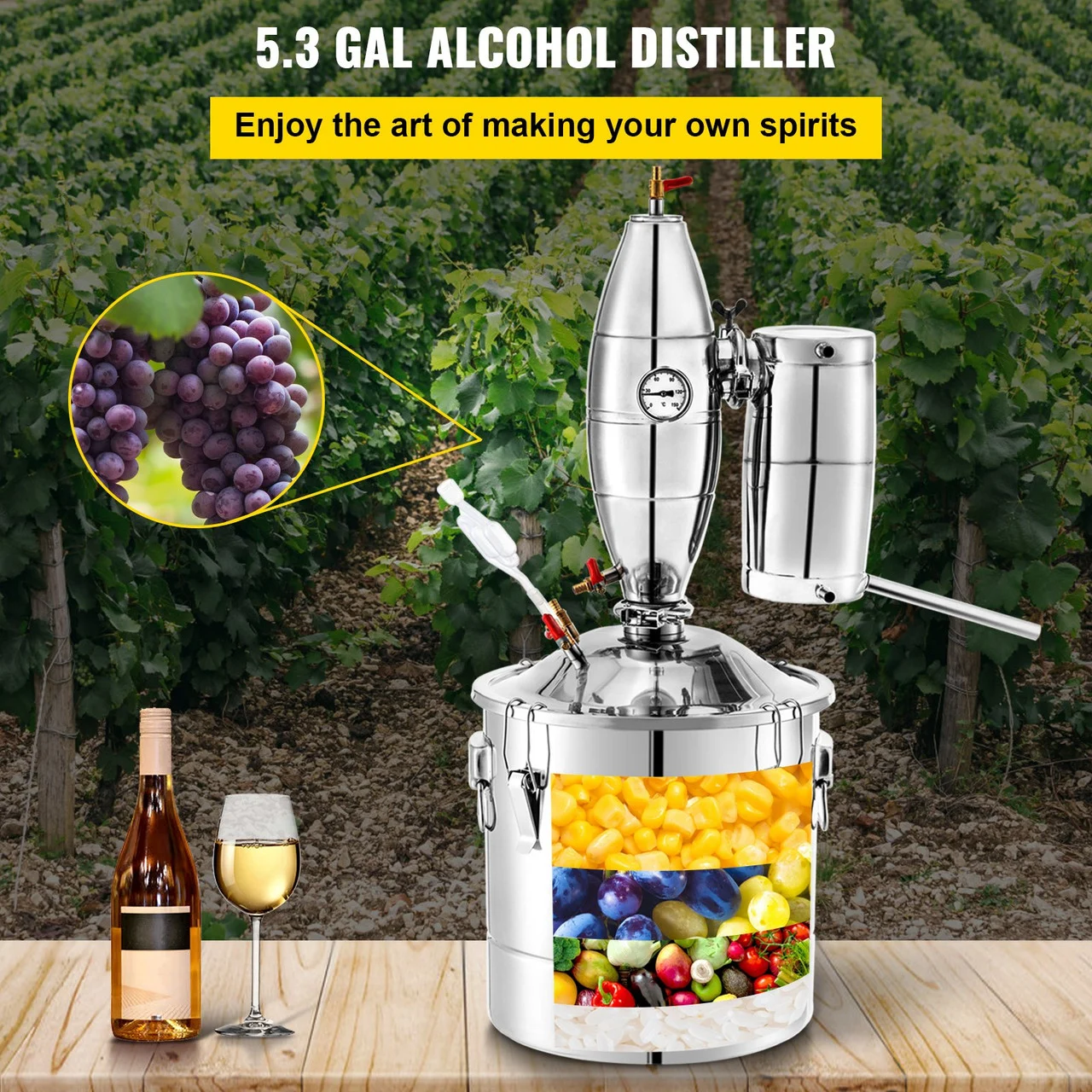 20L 5.3Gal Water Alcohol Distiller 304 Stainless Steel Alcohol Still Wine Making Boiler Home Kit with Thermometer for Whiskey Brandy Essential, Sliver