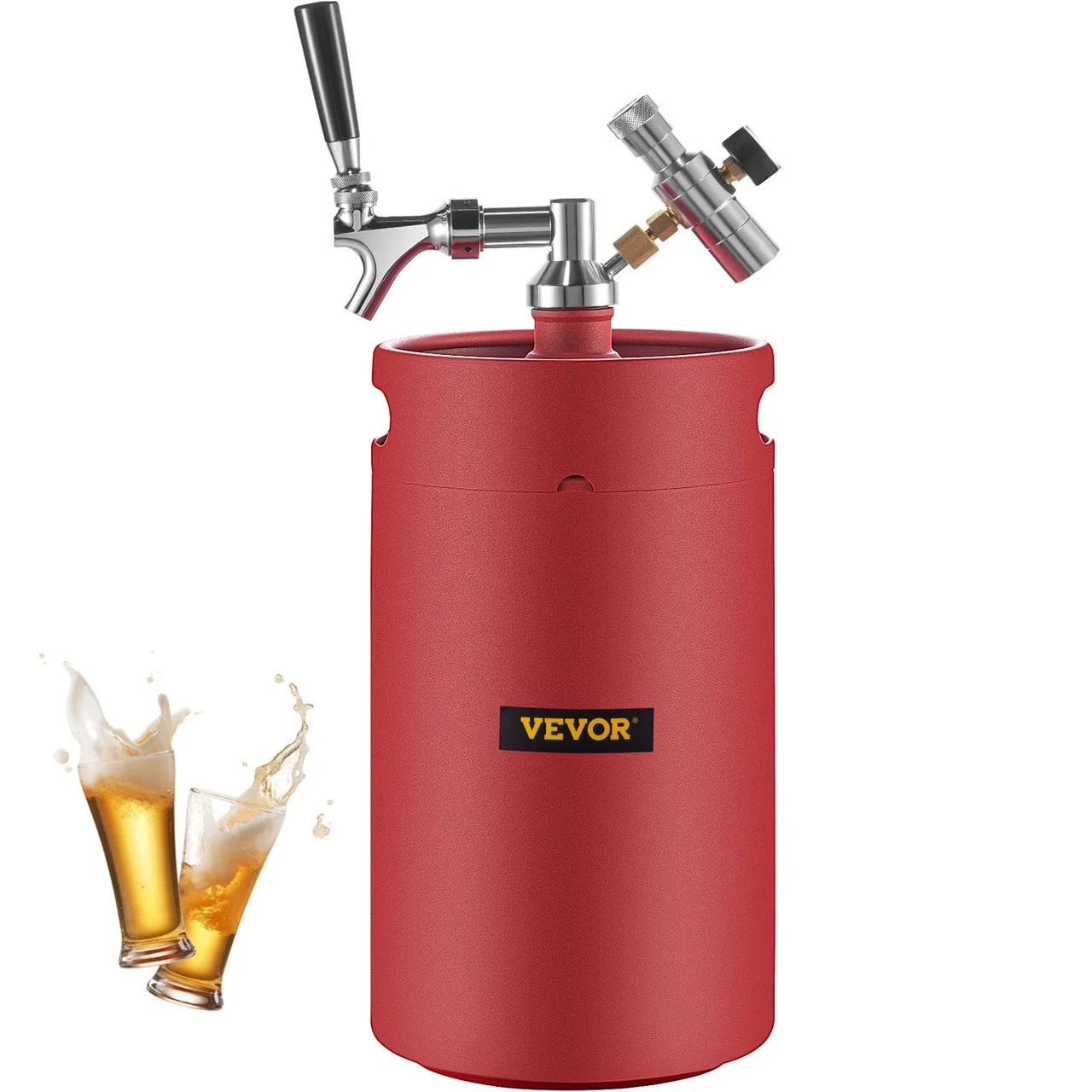 Beer Growler Tap System, 270 Oz Mini Keg, 8L Pressurized Beer Growler, 304 Stainless Steel Mini Keg Growler, Comes with Dual Pressure Display CO2 Regulator Faucet 20" Beer Hose Relief Ring, Red