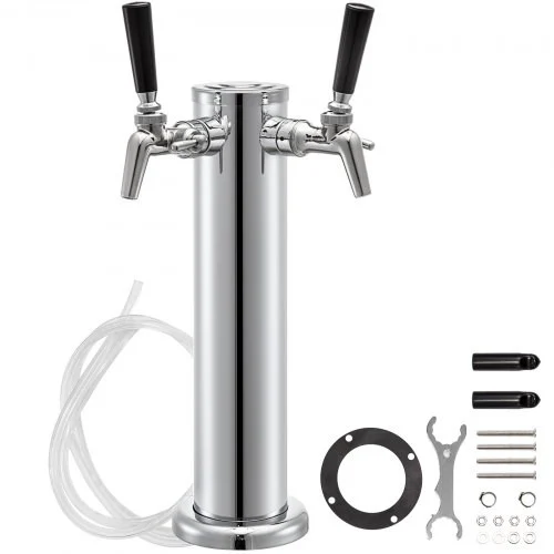 Beer Tower, Double Adjustable Brass Faucet Kegerator Tower, Stainless Steel Draft Beer Tower, 3" Diameter Column Beer Dispenser Tower, Beer Tower Kit with Wrench, Black Handle for Home & Bar