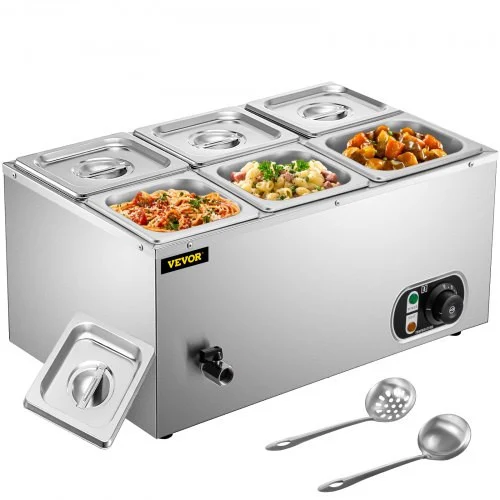 110V Commercial Food Warmer 6x1/6GN, 6-Pan Stainless Steel Bain Marie 12.6 Qt Capacity,1500W Steam Table 15cm/6inch Deep,Temp. Control 86-185, Electric Soup Warmer w/Lids & 2 Ladles