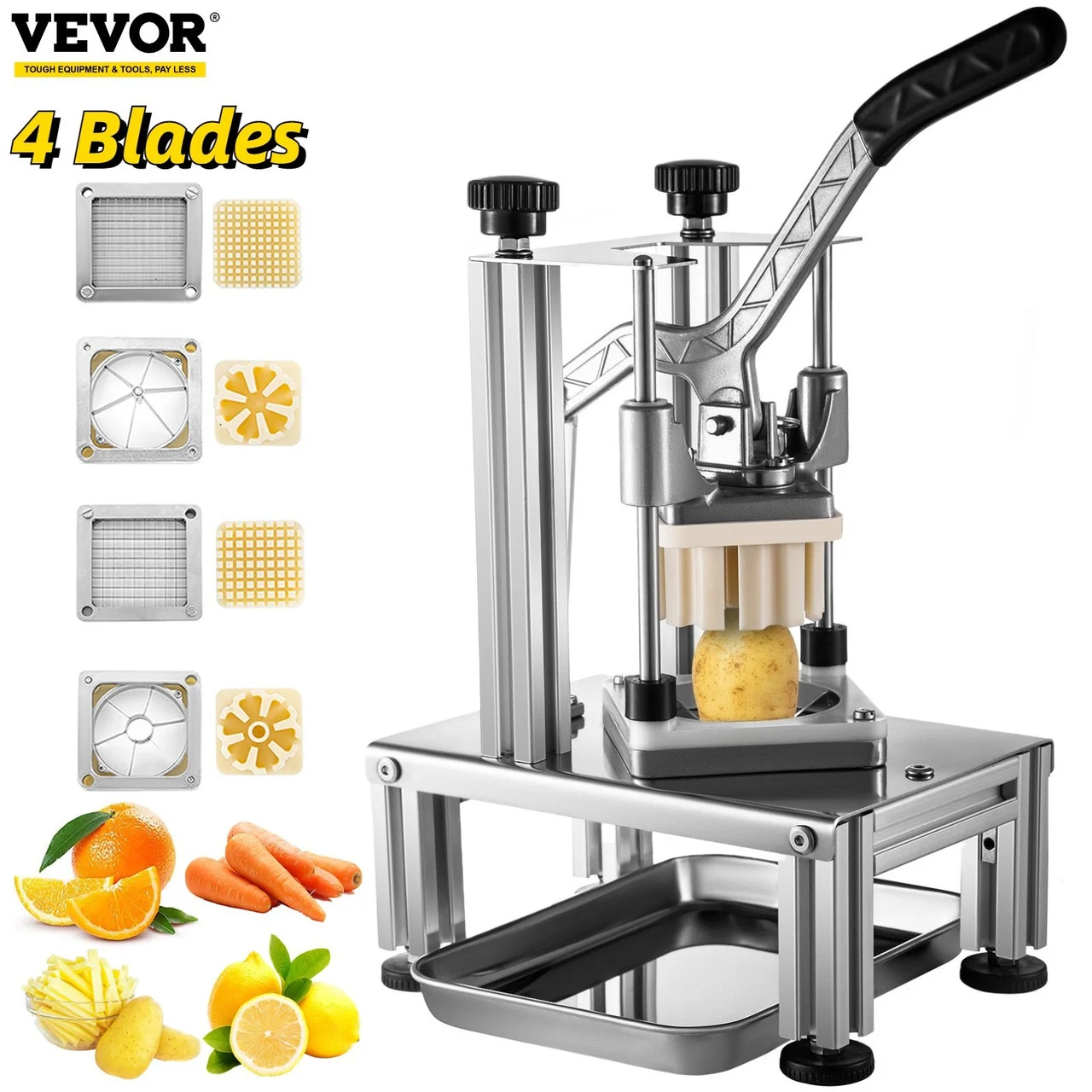 Commercial French Fry Cutter with 4 Replacement Blades, 1/4" and 3/8" Blade Easy Dicer Chopper, 6-Wedge Slicer and 6-Wedge Apple Corer, Lemon Potato Cutter for French Fries with Extended Handle