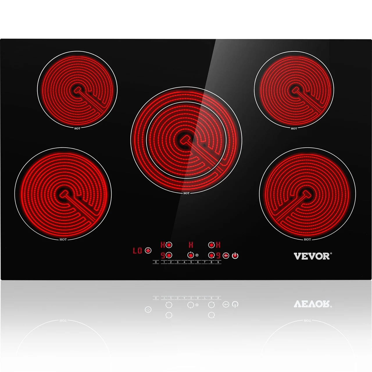 Built in Electric Stove Top, 30.3 x 20.5 inch 5 Burners, 240V Ceramic Glass Radiant Cooktop with Sensor Touch Control, Timer & Child Lock Included, 9 Power Levels for Simmer Steam Slow Cook Fry
