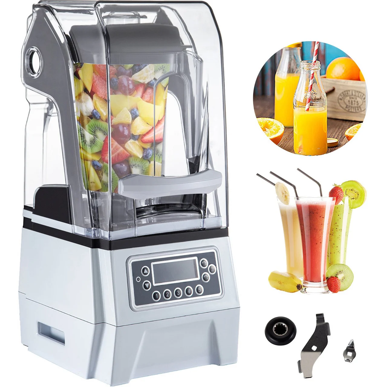 110V Commercial Smoothie Blenders, 1.5L/50.7oz 1500W Countertop Silent Blender w/ 3-Side Silica Gel Sound Shield, Quiet Blender Self-Cleaning Includes Multifunctional 2-in-1 Wet Dry Blades White