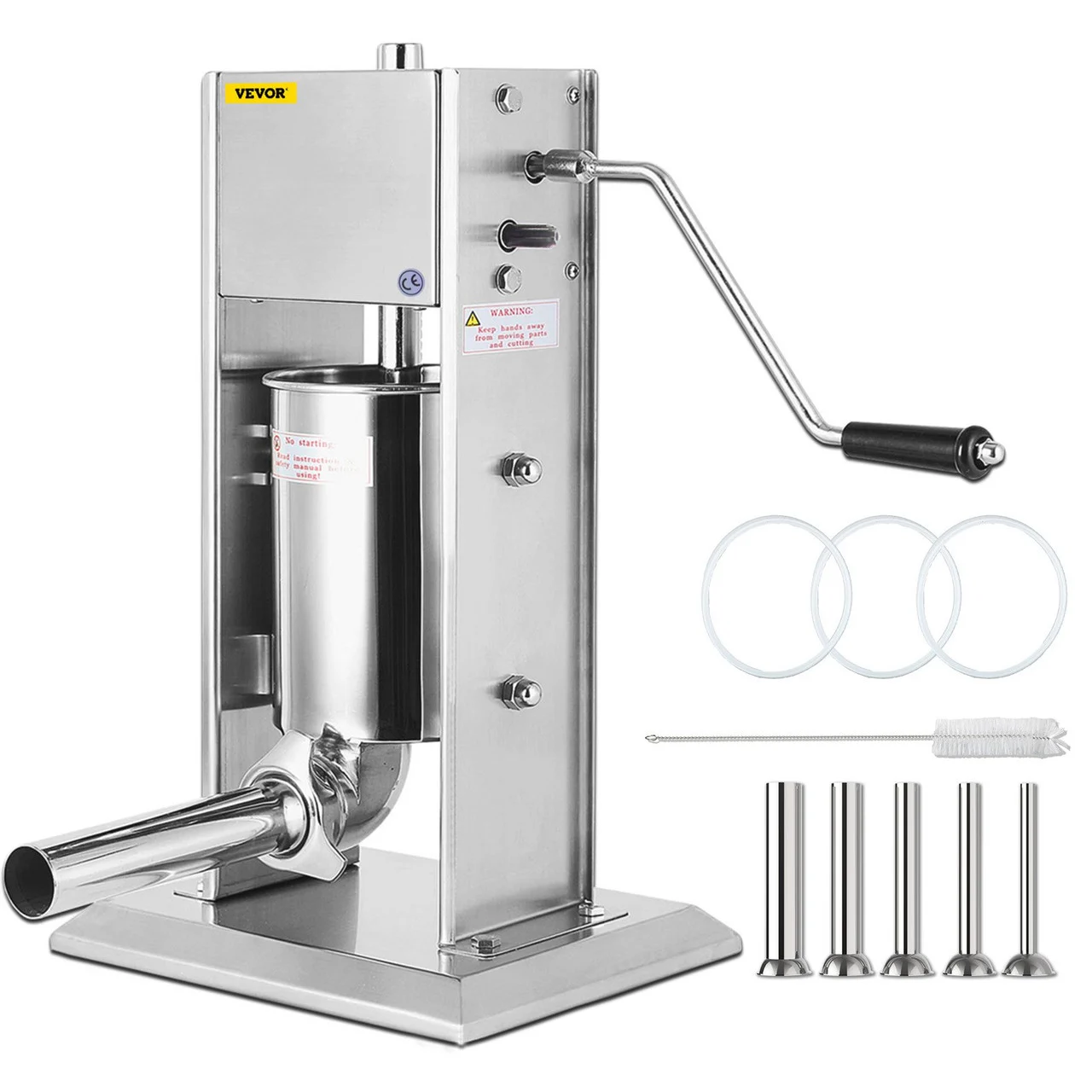 Manual Sausage Stuffer Maker 3L Capacity Two Speed Vertical Meat Filler Stainless Steel with 5 Stuffing Nozzles, Commercial and Home Use