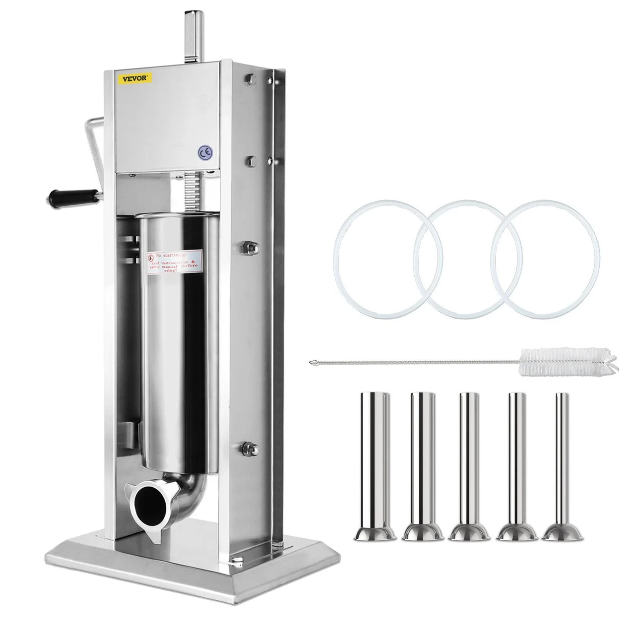 Manual Sausage Stuffer Maker 5L Capacity Two Speed Vertical Meat Filler Stainless Steel with 5 Stuffing Tubes, Commercial and Home Use
