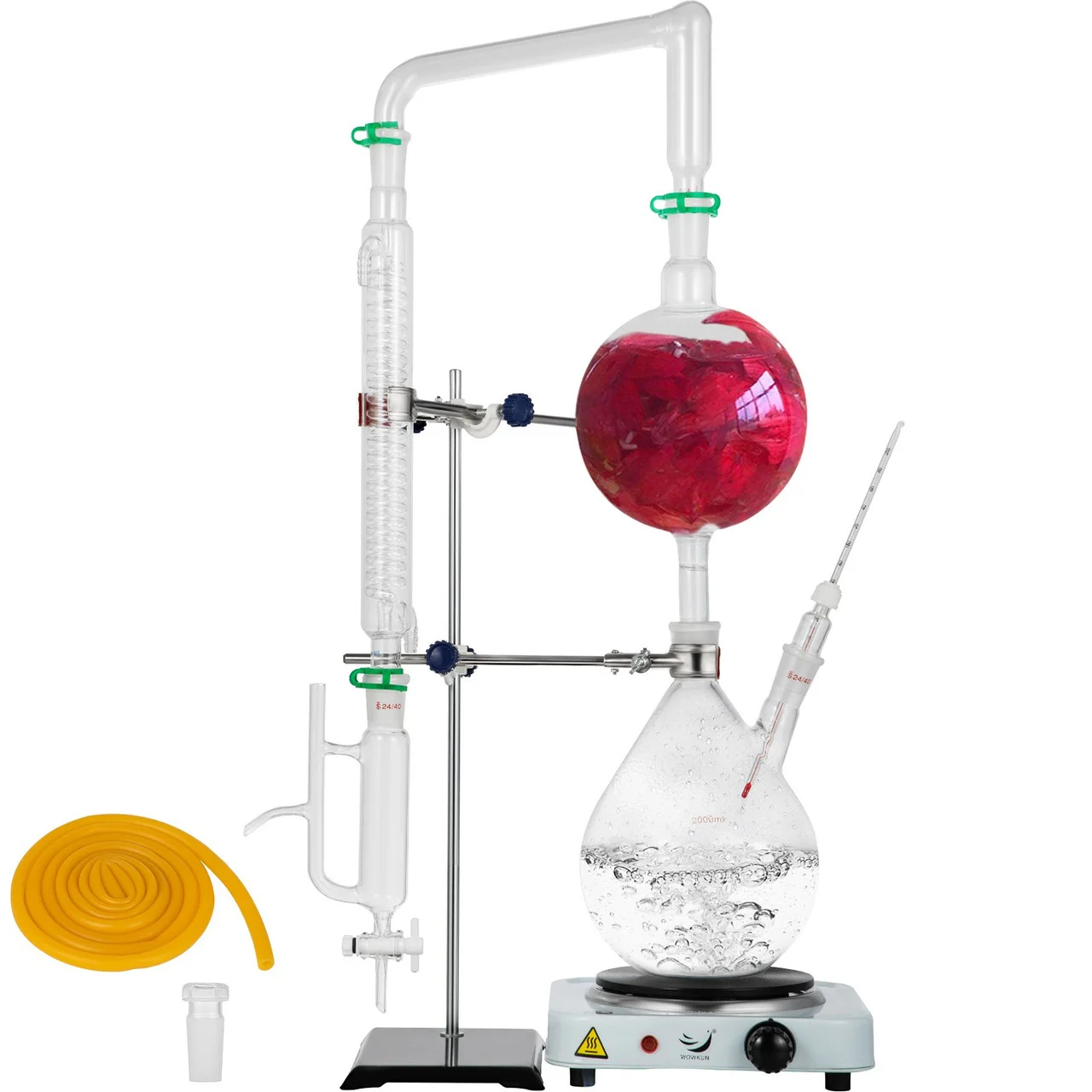 2L Essential Oil Distillation Apparatus Lab Glassware Distillation Kit Water Distiller Purifier with Hot Stove Condenser S35 & 24 or 40 Joint