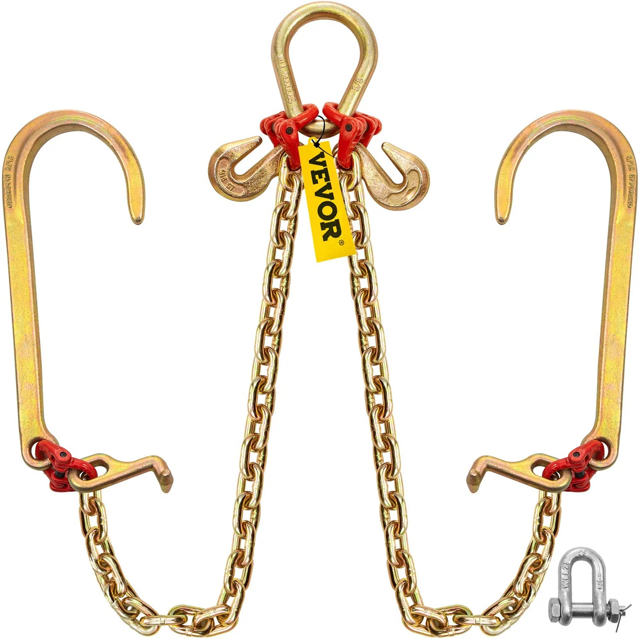 V Bridle Chain, 5/16 in x 2 ft Bridle Tow Chain, Grade 80 V-Bridle Transport Chain, 9260 Lbs Break Strength with TJ Hooks and Crab Hooks, Heavy Duty Pear Link Connector and Chain Shorteners
