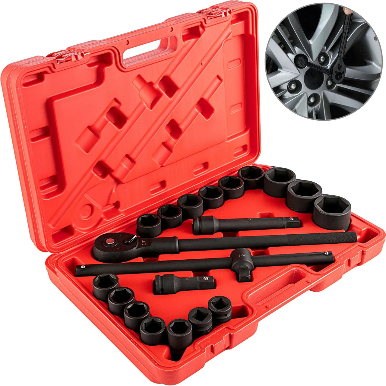 Impact Socket Set 3/4 Inches 21 Piece Standard Impact Sockets, Socket Assortment 3/4 Inches Drive Socket Set Impact Standard SAE Sizes 3/4 Inches to 2 Inches Includes Adapters and Ratchet Handle
