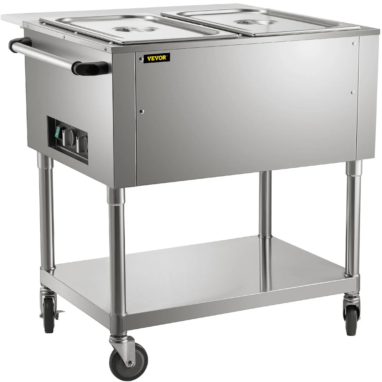 Commercial Electric Food Warmer, 2-Pot Steam Table Food Warmer 0-100? w/ 2 Lockable Wheels, Professional Stainless Steel Material with ETL Certification for Catering and Restaurants