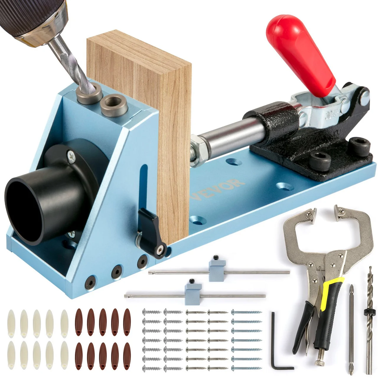 Pocket Hole Jig Kit, Aluminum Punch Locator, Adjustable & Easy to Use Joinery Woodworking System, Guides Joint Angle w/Extension Rod Clamping Pliers 200PCS Screws for DIY Carpentry Projects