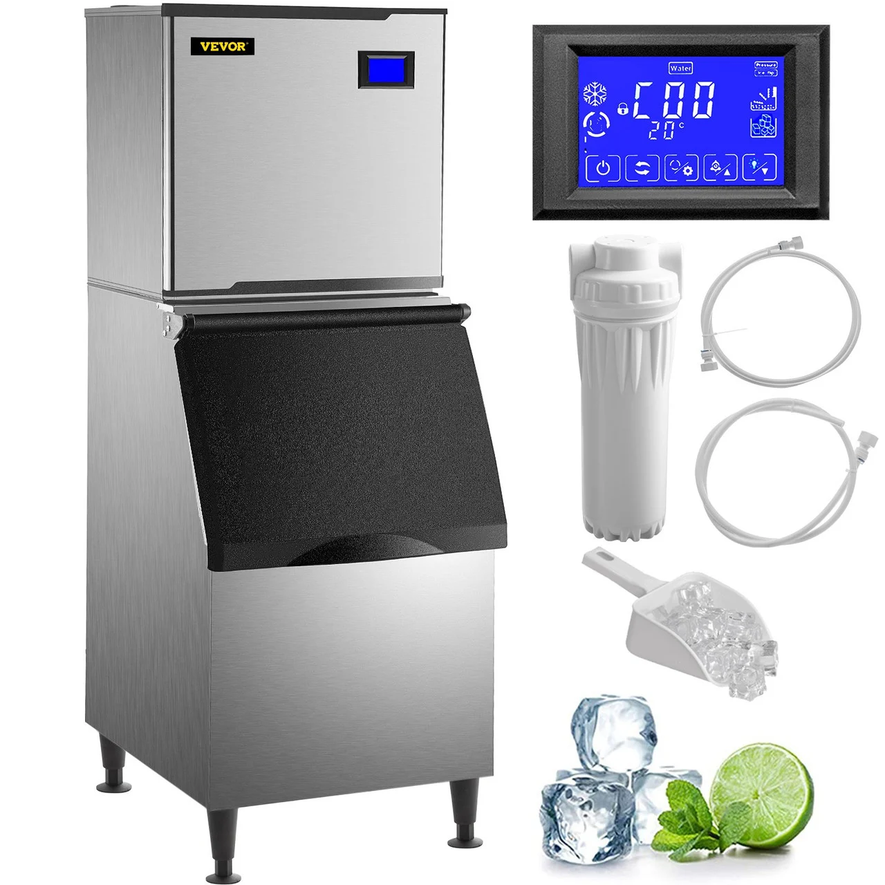 110V Commercial Ice Maker 360LB/24H, Industrial Modular Stainless Steel Ice Machine with 250LB Large Storage Bin, 195PCS Ice Cubes Ready in 8-15 Mins, Professional Refrigeration Equipment