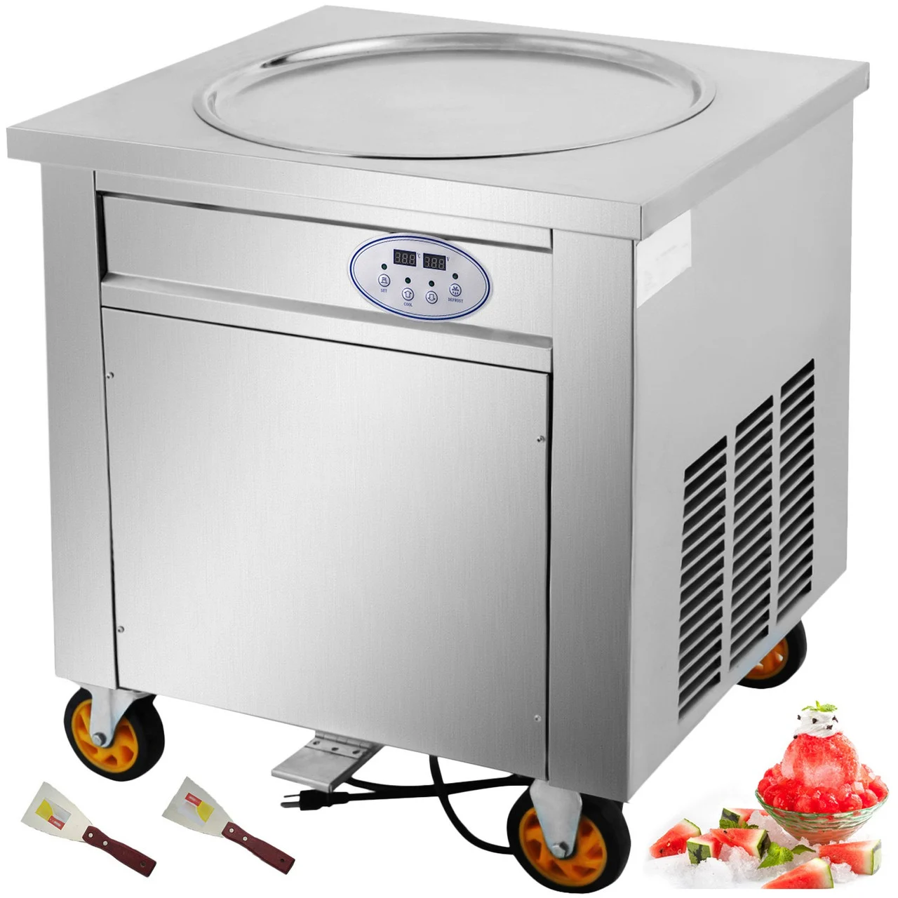 Commercial Ice Roll Maker, 1800W Fried Yogurt Cream Machine, Fried Ice Cream Roll Machine with 19.7-Inch Round Pan, 2 Defrost Methods (Button & Pedal), Perfect for Bars, Cafes, Dessert Shops