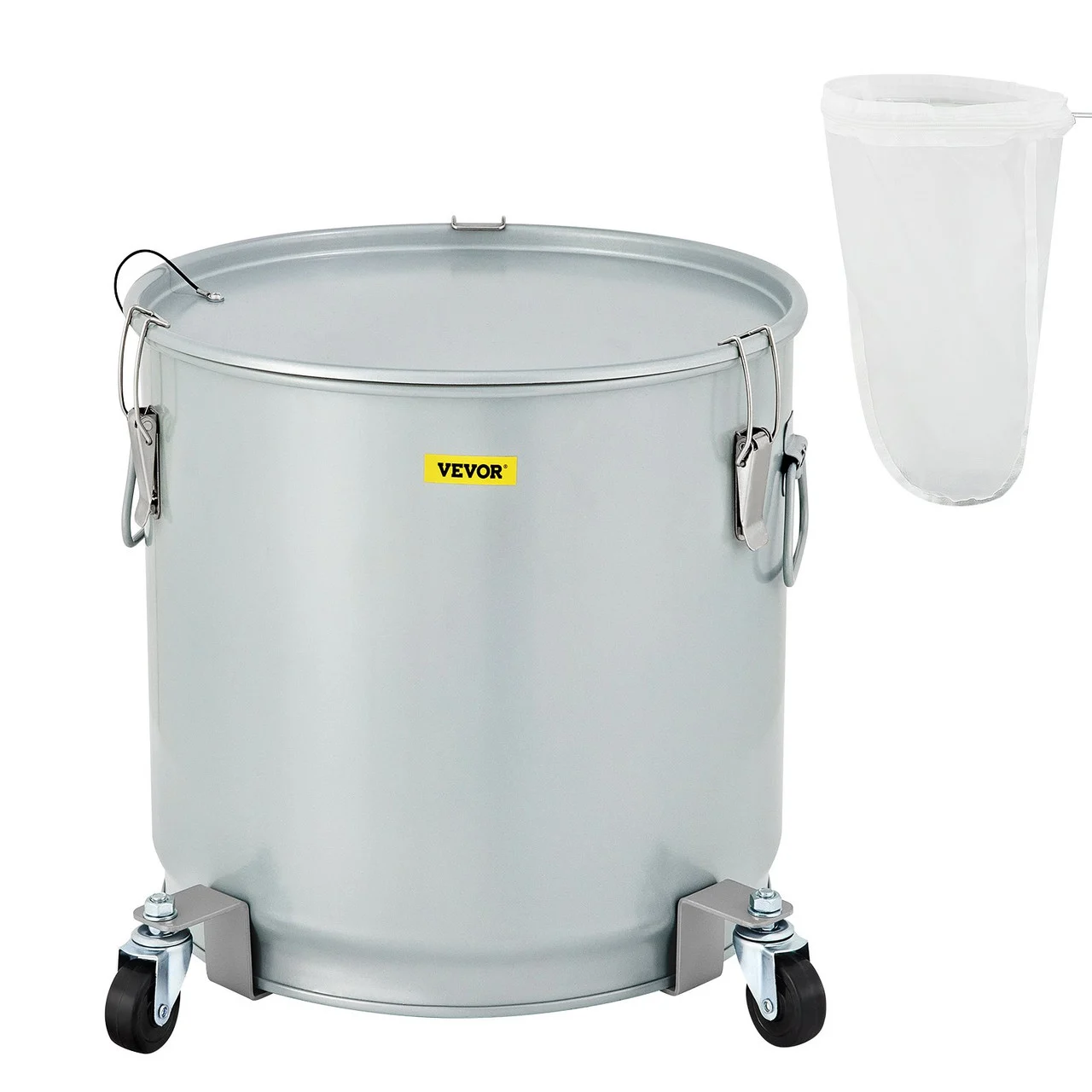 Fryer Grease Bucket, 15.9 Gal/60 L, Coated Carbon Steel Oil Filter Pot with Caster Base, Oil Disposal Caddy with 123 LBS Capacity, Transport Container with Lid Lock Clip Nylon Filter Bag, Silver