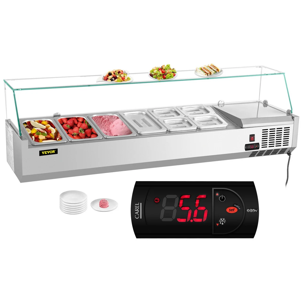 Refrigerated Condiment Prep Station, 48-Inch, 10.8Qt Sandwich Prep Table w/ 2 1/3 Pans & 4 1/6 Pans, 146W Salad Bar w/ 304 Stainless Body Tempered Glass Shield Digital Temp Display Auto Defrost