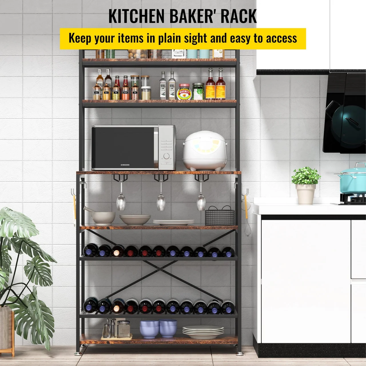 Kitchen Baker's Rack, Coffee Bar, 6-Tier Microwave Oven Stand, Bakers Rack with Adjustable Wine Rack and 6 Side Hooks, Bakers Racks for Kitchens with Storage