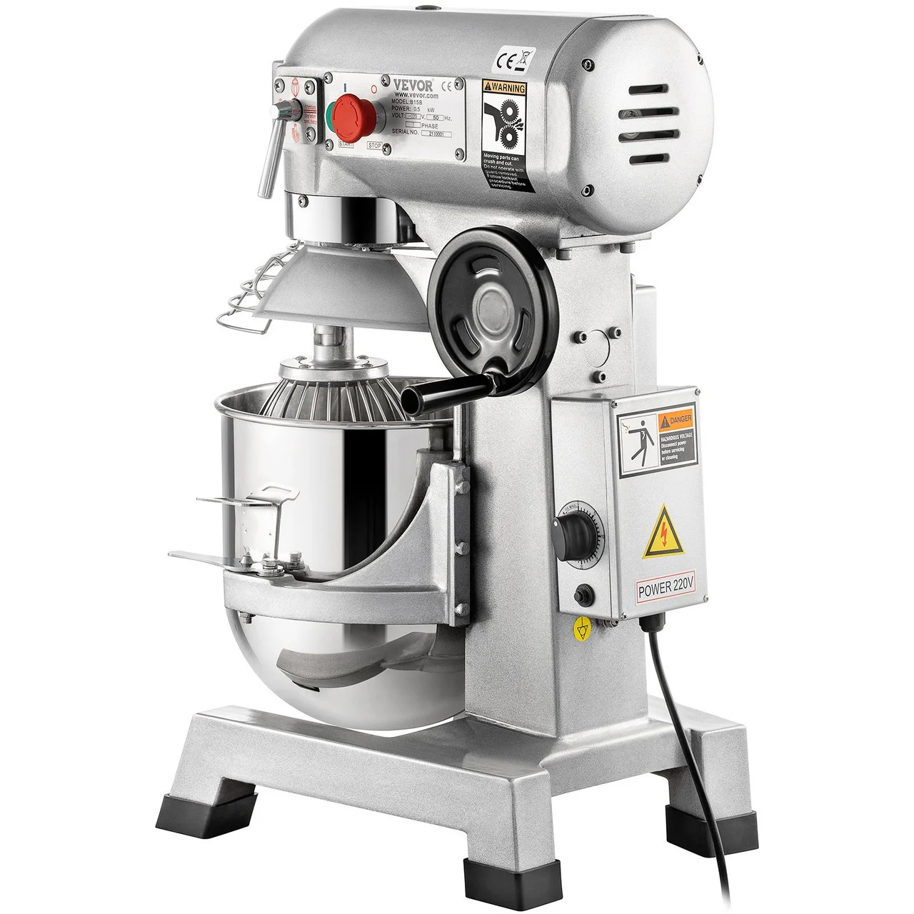 Commercial Food Mixer, 15Qt Commercial Mixer with Timing Function, 500W Stainless Steel Bowl Heavy Duty Electric Food Mixer Commercial with 3 Speeds Adjustable 113/184/341 RPM, Dough Hook Whisk Beater Included, Perfect for Bakery Pizzeria