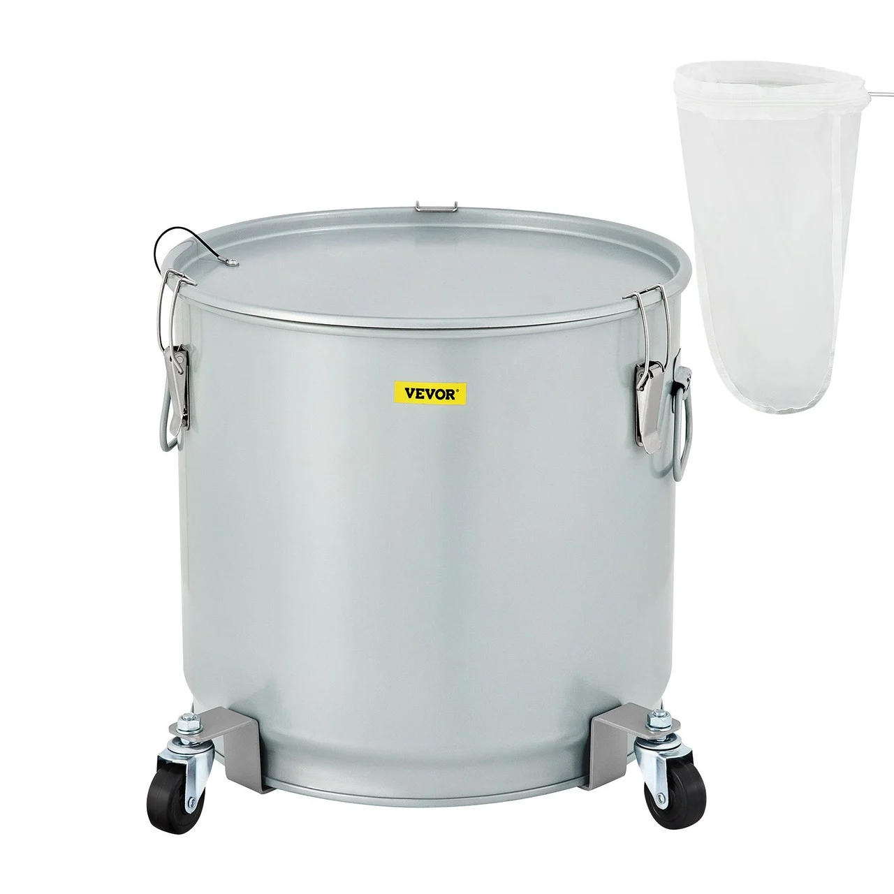 Fryer Grease Bucket, 8 Gal/30 L, Coated Carbon Steel Oil Filter Pot with Caster Base, Oil Disposal Caddy with 62 LBS Capacity, Transport Container with Lid Lock Clip Nylon Filter Bag, Silver