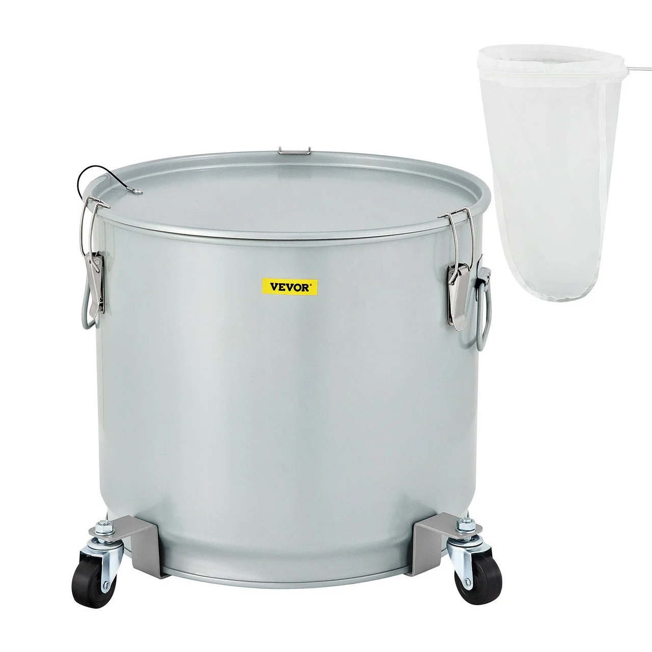 Fryer Grease Bucket, 10.6 Gal/40 L, Coated Carbon Steel Oil Filter Pot with Caster Base, Oil Disposal Caddy with 82 LBS Capacity, Transport Container with Lid Lock Clip Nylon Filter Bag, Silver