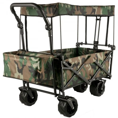Collapsible Folding Wagon with Removable Canopy, Heavy Duty Foldable Wagon Utility Cart for Garden, Camping, Grocery Cart, Beach Wagon Cart with Wheels and Rear Storage, Camouflage