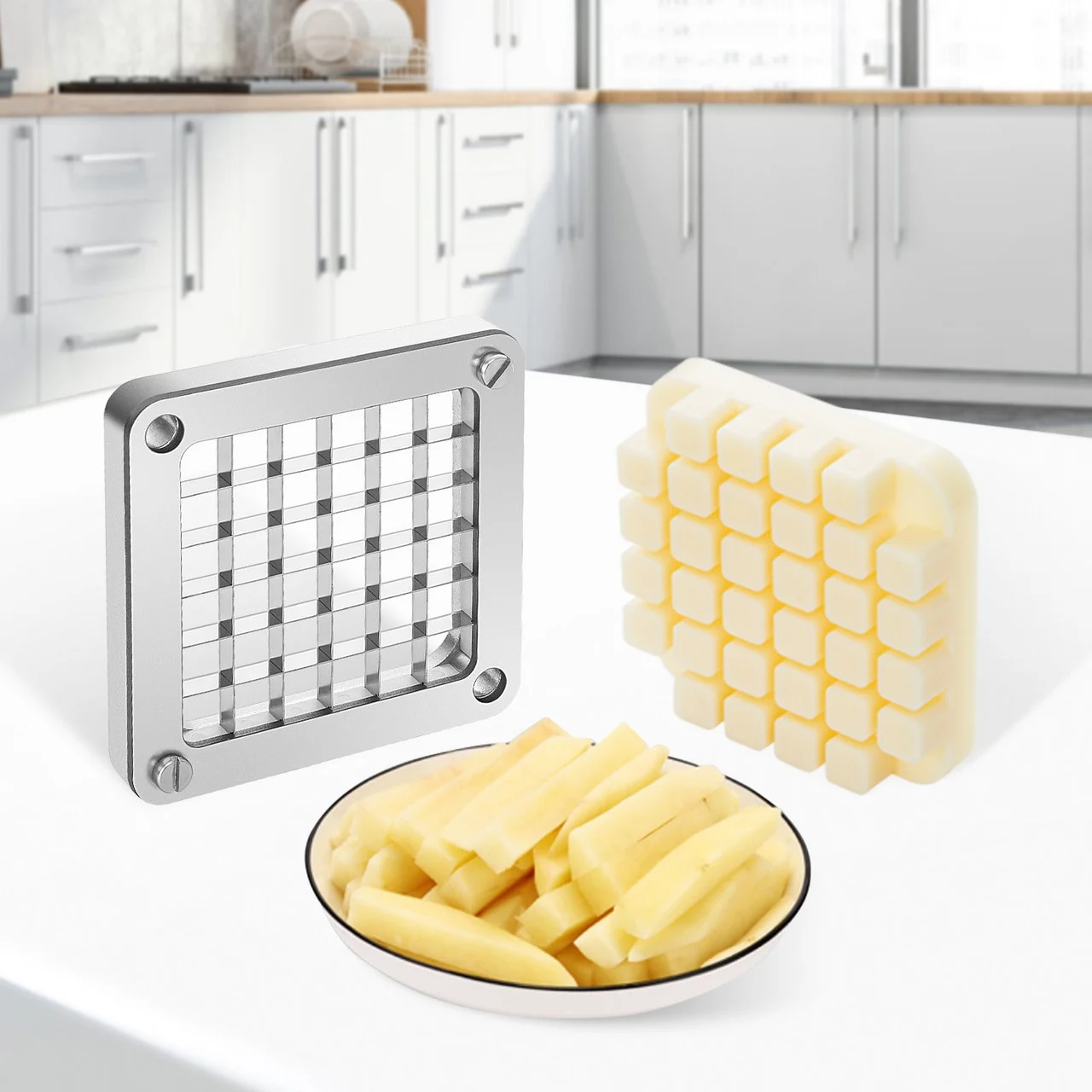 Replacement Chopper Blade, 1/4 inch, 3 PCS French Fry Blade Assembly with 6 Extra Knives, Stainless Steel Dicer Parts and Push Block for Cutting Potatoes Carrots Onions Cucumbers Mushrooms