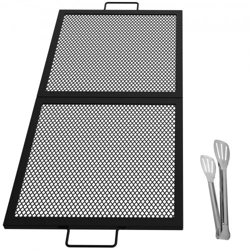 Fire Pit Cooking Grill Grate 32 x 15 in Foldable Rectangle Campfire BBQ Rack, Heavy Duty X-Marks with Portable Handle & Support Wire for Outdoor Picnic Party & Gathering, Black