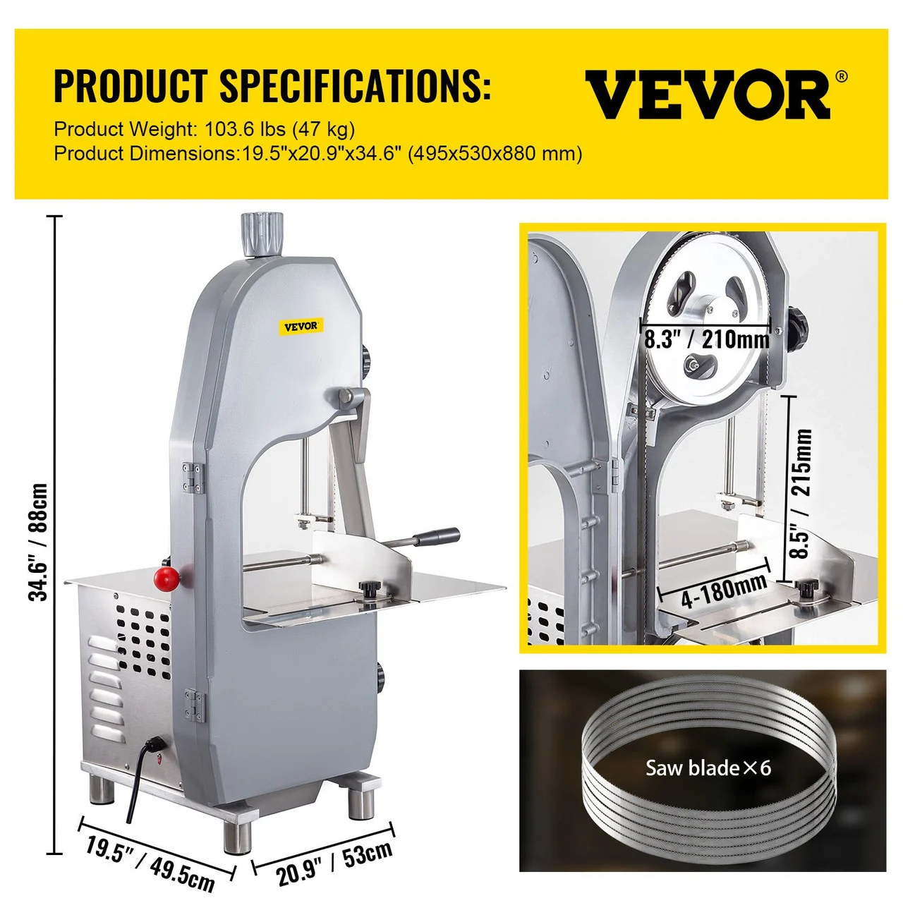 110V Bone Saw Machine, 1500W Frozen Meat Cutter, 2.1HP Butcher Bandsaw, Thickness Range 4-180mm, Max Cutting Height 215mm, Worktable 19.3x17.3inch, Sawing Speed 19m/s, Equipped with 6 Saw Blades