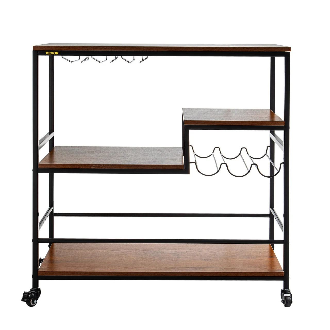 Bar Serving Cart, 4-Tier Industrial Bar Cart for Home, Bar Cart with Wine Rack & Glass Holders, 35.4 x 15.7 x 37.4 inches Home Bar & Serving Carts, Wine Cart on Wheels, Glass Bar Cart Brown