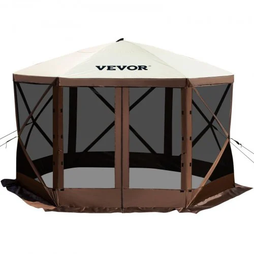 Camping Gazebo Tent, 10'x10', 6 Sided Pop-up Canopy Screen Tent for 8 Person Camping, Waterproof Screen Shelter w/Portable Storage Bag, Ground Stakes, Mesh Windows, Brown & Beige