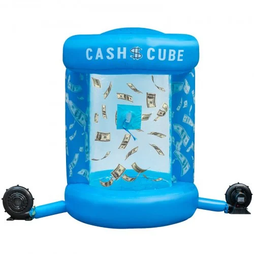 Inflatable Cash Cube with Two Blowers Inflatable Cash Cube Booth Blue Cash Cube Money Machine Quick Inflated Cash Cube Water-Proof Money Booth Machine Money Grab Catch for Promotion Events