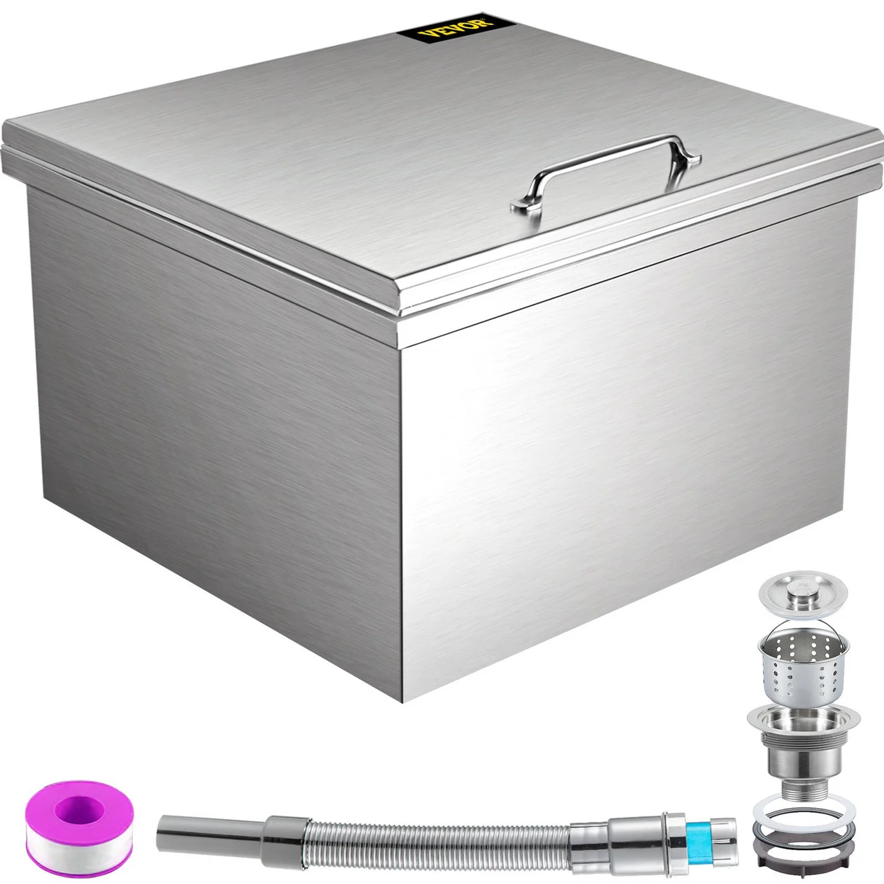 Drop in Ice Chest 20''L x 18''W x 13''H Drop in Cooler Stainless Steel with Hinged Cover Bar Ice Bin 45.4 qt Drain-pipe and Drain Plug Included for Cold Wine Beer