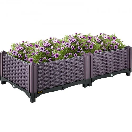 Plastic Raised Garden Bed, Set of 2 Planter Grow Box, 9.1" H Self-Watering Elevated for Flowers, Vegetables, Fruits, Herbs, Indoor/Outdoor Use, Brown Realistic Rattan