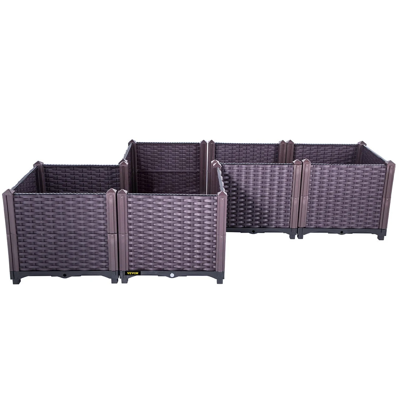 Plastic Raised Garden Bed, Set of 5 Planter Grow Box, 14.5" H Self-Watering Elevated for Flowers, Vegetables, Fruits, Herbs, Indoor/Outdoor Use, Brown Realistic Rattan