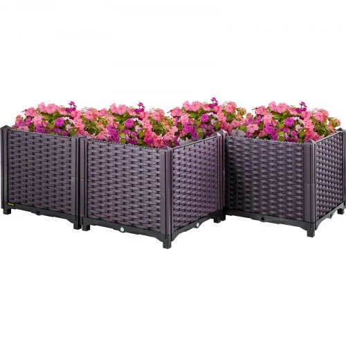 Plastic Raised Garden Bed, Set of 4 Planter Grow Box, 14.5" H Self-Watering Elevated for Flowers, Vegetables, Fruits, Herbs, Indoor/Outdoor Use, Brown Realistic Rattan