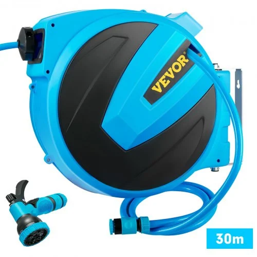 Retractable Hose Reel, 1/2 inch x 100 ft, Any Length Lock & Automatic Rewind Water Hose, Wall Mounted Garden Hose Reel w/ 180ø Swivel Bracket and 8 Pattern Hose Nozzle, Blue