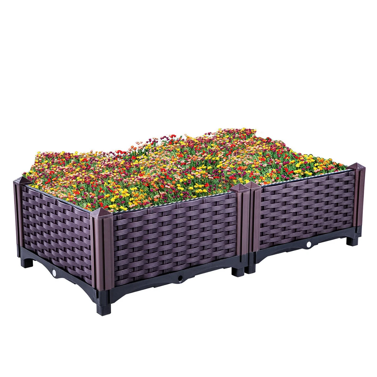 Plastic Raised Garden Bed, 9" H Flower Box Kit, Brown Rattan Style Grow Planter Care Box, Set of 2 Raised Garden Planter, Self-Watering Elevated Herb Planter, Raised Garden Beds in/Outdoor