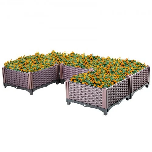Plastic Raised Garden Bed, 9H Flower Box Kit, Brown Rattan Style Grow Planter Care Box, Set of 5 Raised Garden Planter, Self-Watering Elevated Herb Planter, Raised Garden Bed for in/Outdoor