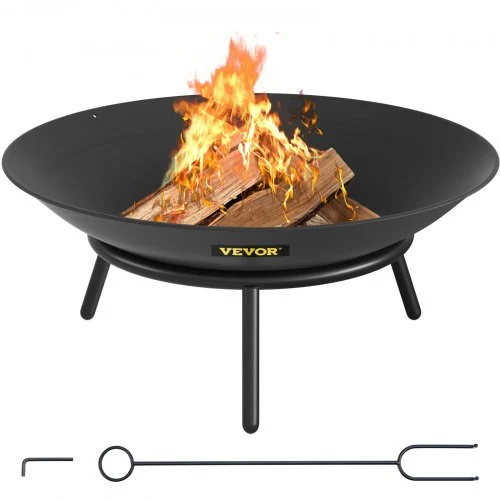 Fire Pit Bowl, 22-Inch Diameter Round Carbon Steel Fire Bowl, Wood Burning for Outdoor Patios, Backyards & Camping Uses, with A Drain Hole and A Firewood Stick, Black