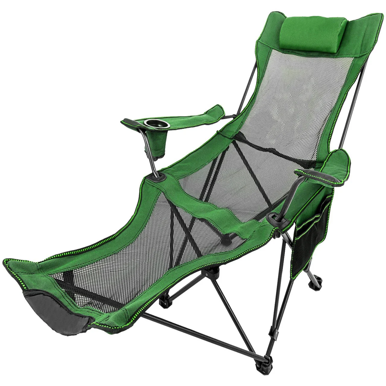 Folding Camp Chair with Footrest Mesh, Lounge Chair with Cup Holder and Storage Bag, Reclining Folding Camp Chair for Camping Fishing and Other Outdoor Activities (Green)