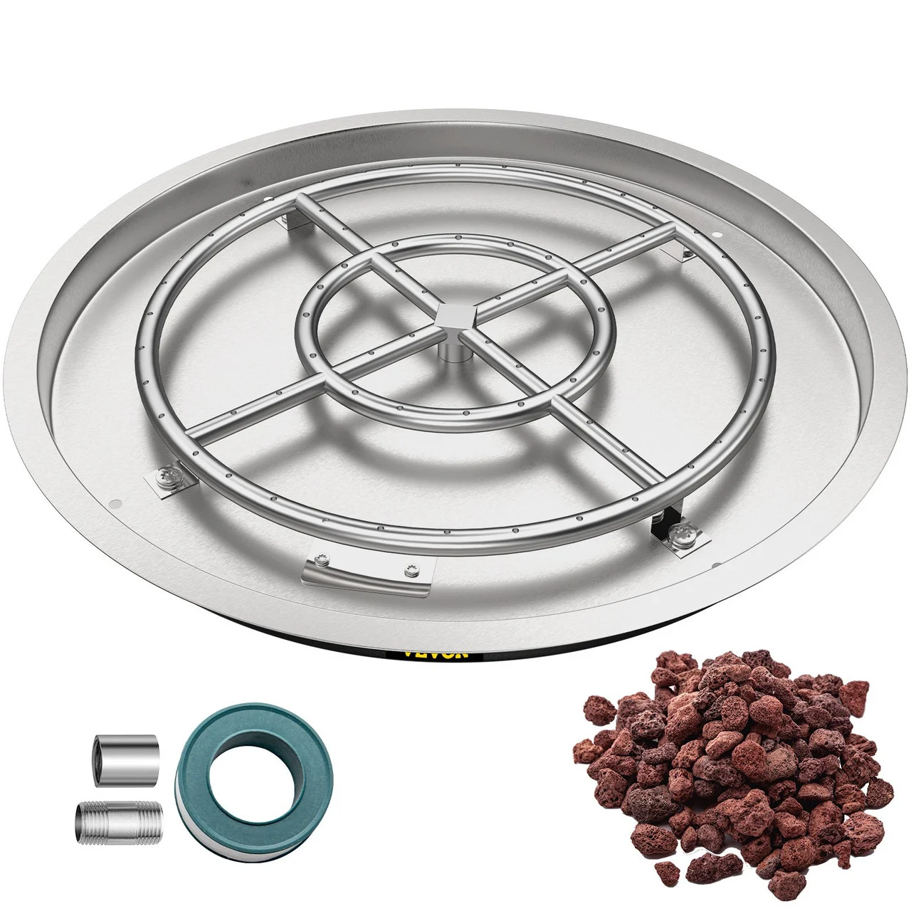 Drop in Fire Pit Pan, 25" x 25" Round Fire Pit Burner, Stainless Steel Gas Fire Pan, Fire Pit Burner Pan w/ 1 Pack Volcanic Rock Fire Pit Insert w/ 150K BTU for Keeping Warm w/ Family & Friends