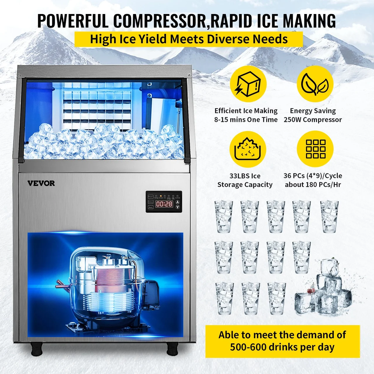 110V Commercial ice Maker Machine 90-100LBS/24H Stainless Steel Under Counter Ice Machine with 33LBS Bin for Home Bar, Electric Water Drain Pump,Water Filter,Scoops,Connection Hose Included