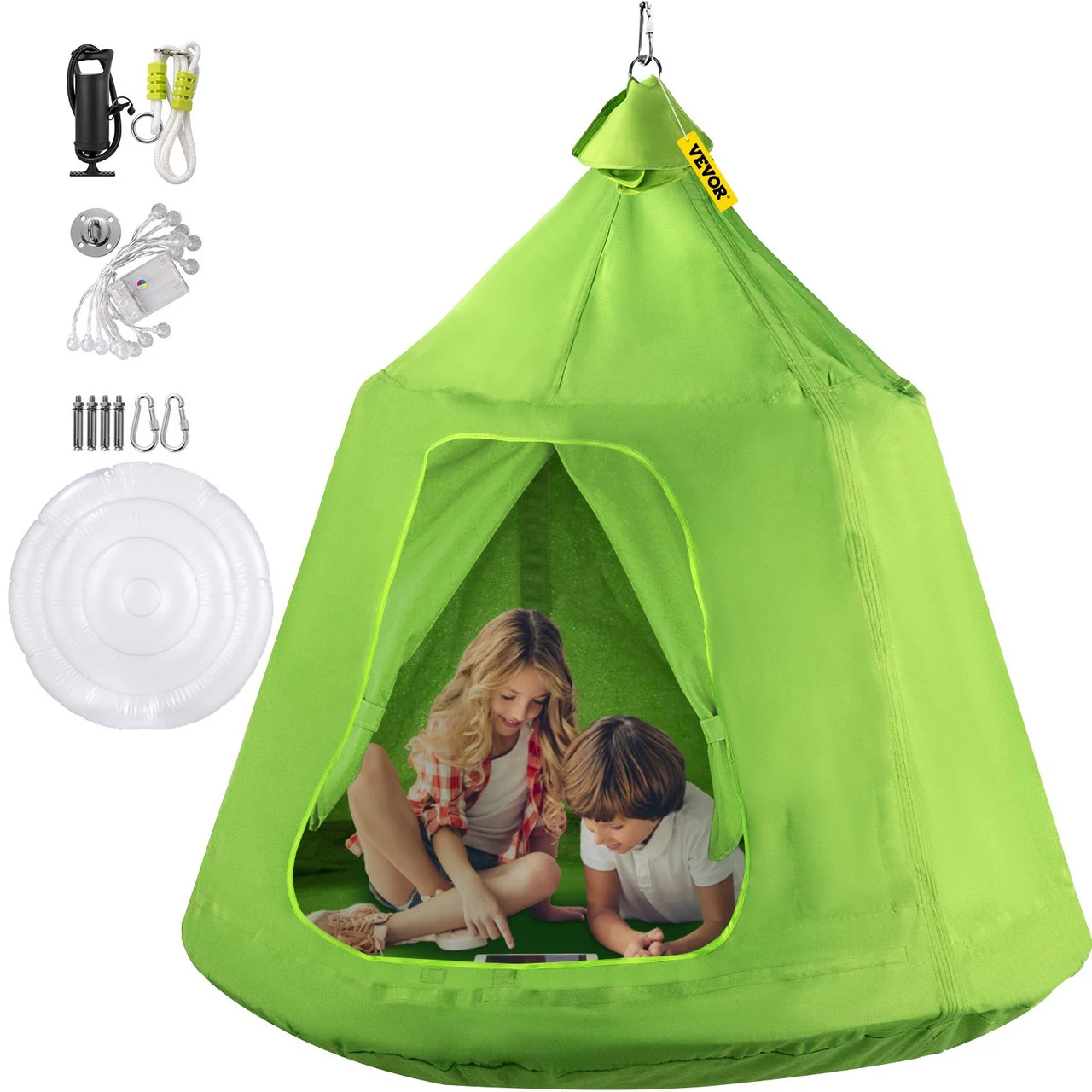 Hanging Tree Tent, Max.440lbs Capacity Tree Tent Swing, Hangout Hugglepod with LED Rainbow Decoration Light Inflatable Cushion, Ceiling Hammock Tent Suit for Kids & Adult Indoor Outdoor Green