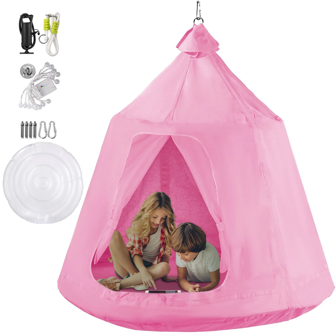 Hanging Tree Tent, Max. 440lbs Capacity Tree Tent Swing, Hangout Hugglepod with LED Rainbow Decoration Lights Inflatable Cushion, Ceiling Hammock Tent Suit for Kids & Adult Indoor Outdoor Pink